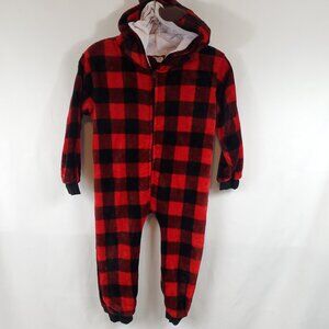 Adorable Boys Red Black Plaid Hooded Super Soft Warm Onesie Lng Slv Zip Sz Med